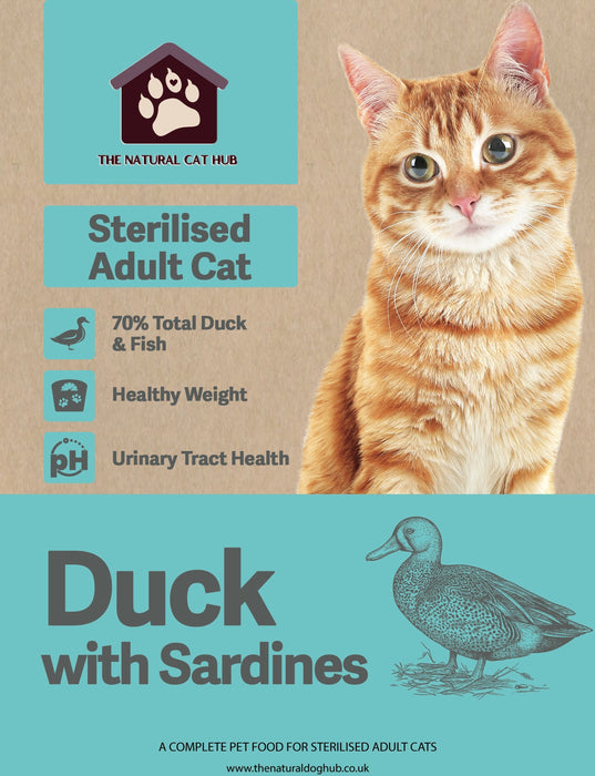 grain free-adult-cat-food-duck-sardines-fish-sterilised cat-neutered cat-low fat-natural cat food- fresh cat food