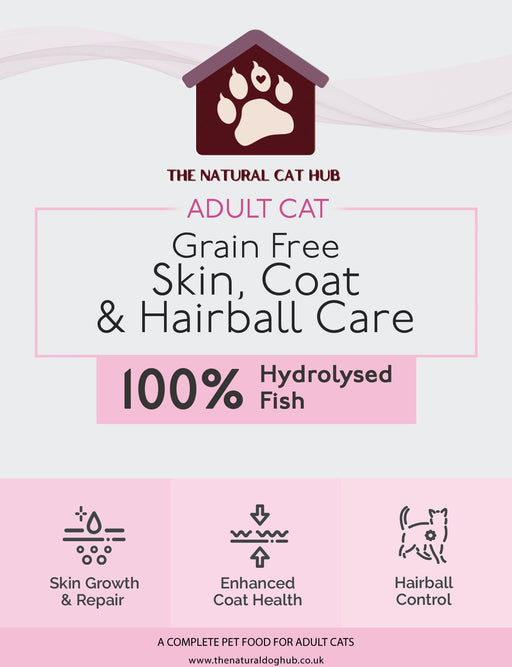 Grain free-hydrolysed-cat food-for skin and coat health-reduce hair balls