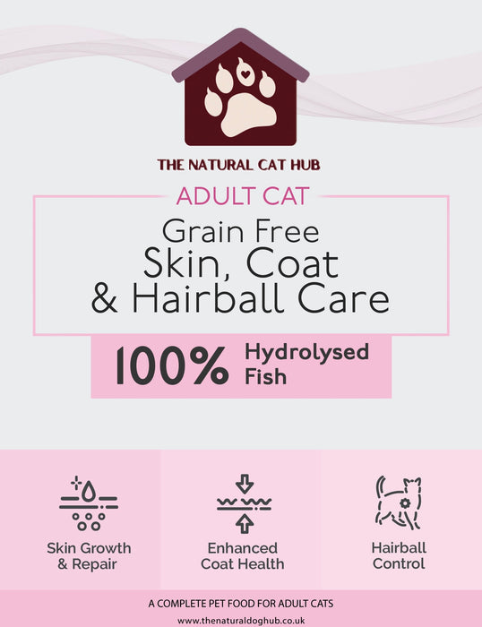 Grain free-hydrolysed-cat food-for skin and coat health-reduce hair balls
