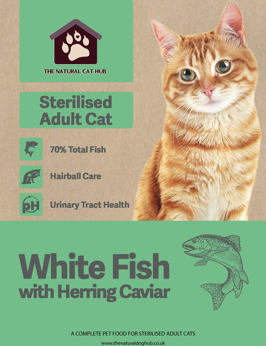 grain free-adult-cat-food-herring caviar-white-fish-sterilised cat-neutered cat-low fat-natural cat food- fresh cat food